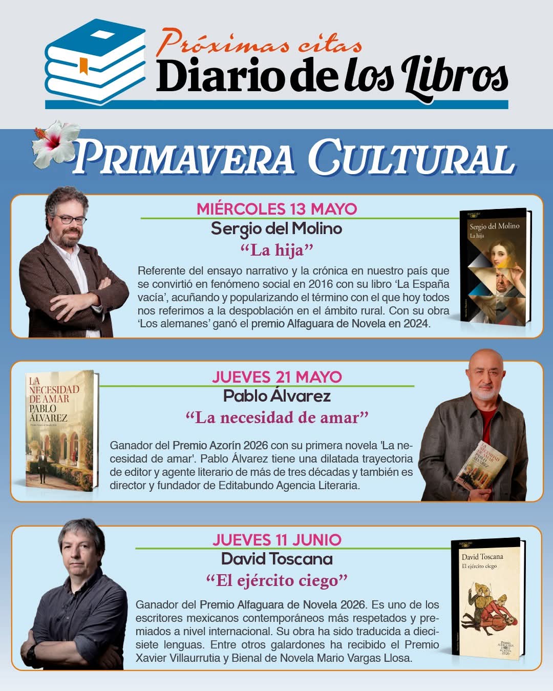 Cartel: Primavera Cultural reúne a Sergio del Molino, Pablo Álvarez y David Toscana