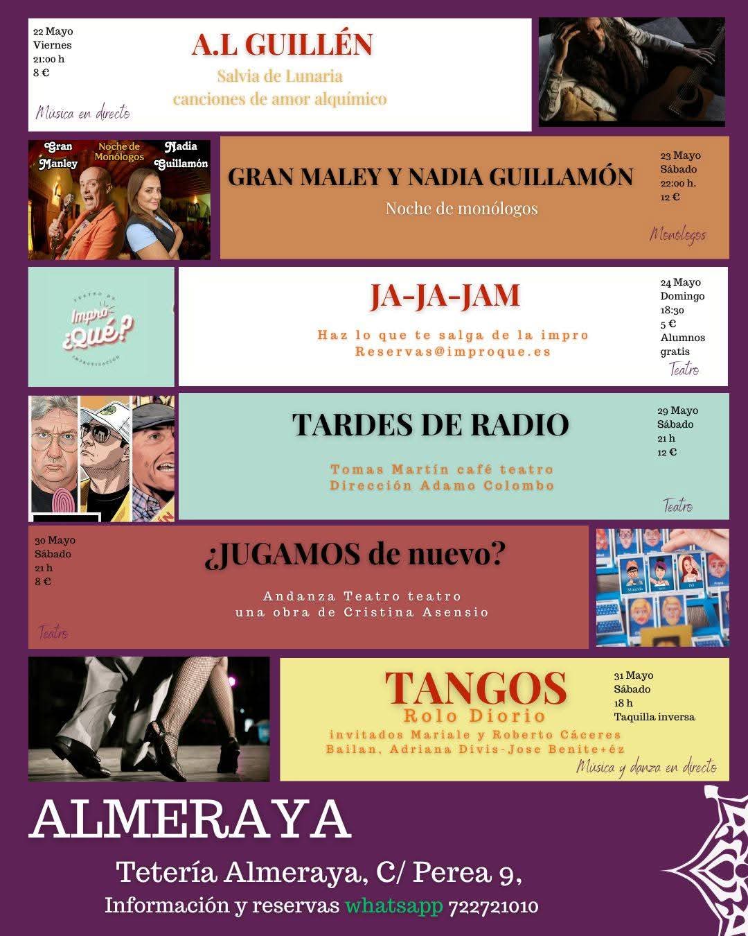 Cartel: Tetería Almeraya reúne teatro, monólogos y música en mayo