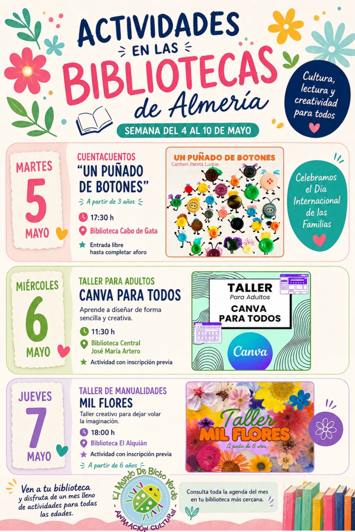 Cartel: Las bibliotecas de Almería reúnen talleres y cuentacuentos