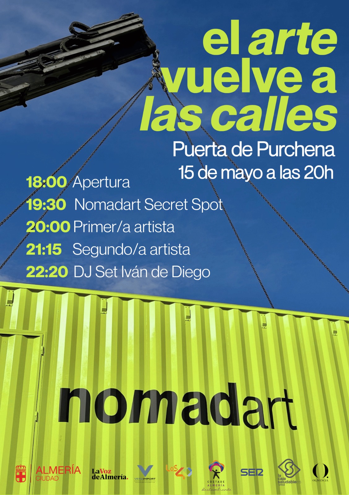 Cartel oficial de NomadArt en la Puerta de Purchena. 15 de mayo de 2026, desde las 18:00, acceso gratuito.