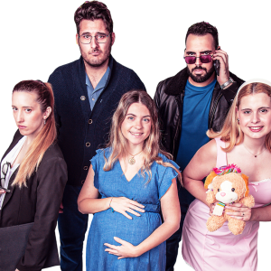 Reparto de la compañía almeriense Venus en Escena caracterizado para La vida resuelta…¡Ojalá!: Abel Pons, Valeria Roberts, Ángela Felices, Matías Ruiz Alonso y Nuria Goman.