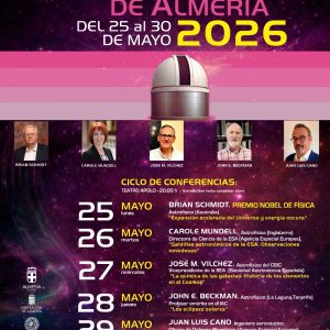 Cartel oficial de las XIV Jornadas Astronómicas de Almería, del 25 al 30 de mayo de 2026, organizadas por la Asociación Orión.