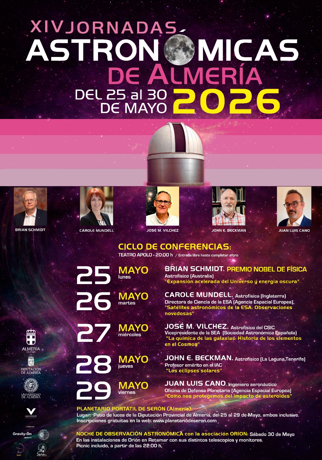 Cartel oficial de las XIV Jornadas Astronómicas de Almería, del 25 al 30 de mayo de 2026, organizadas por la Asociación Orión.
